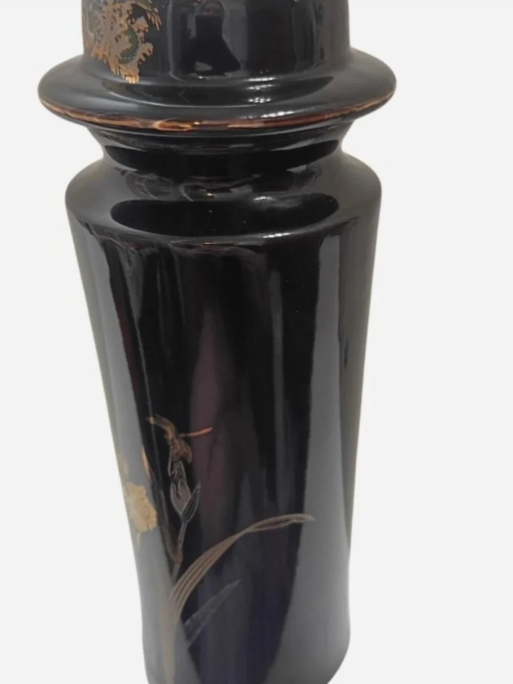 VTG Black Ceramic Japanese Lidded Gilt Vase W/Dragon Dragonfly & Iris Pattern - Picture 3 of 8